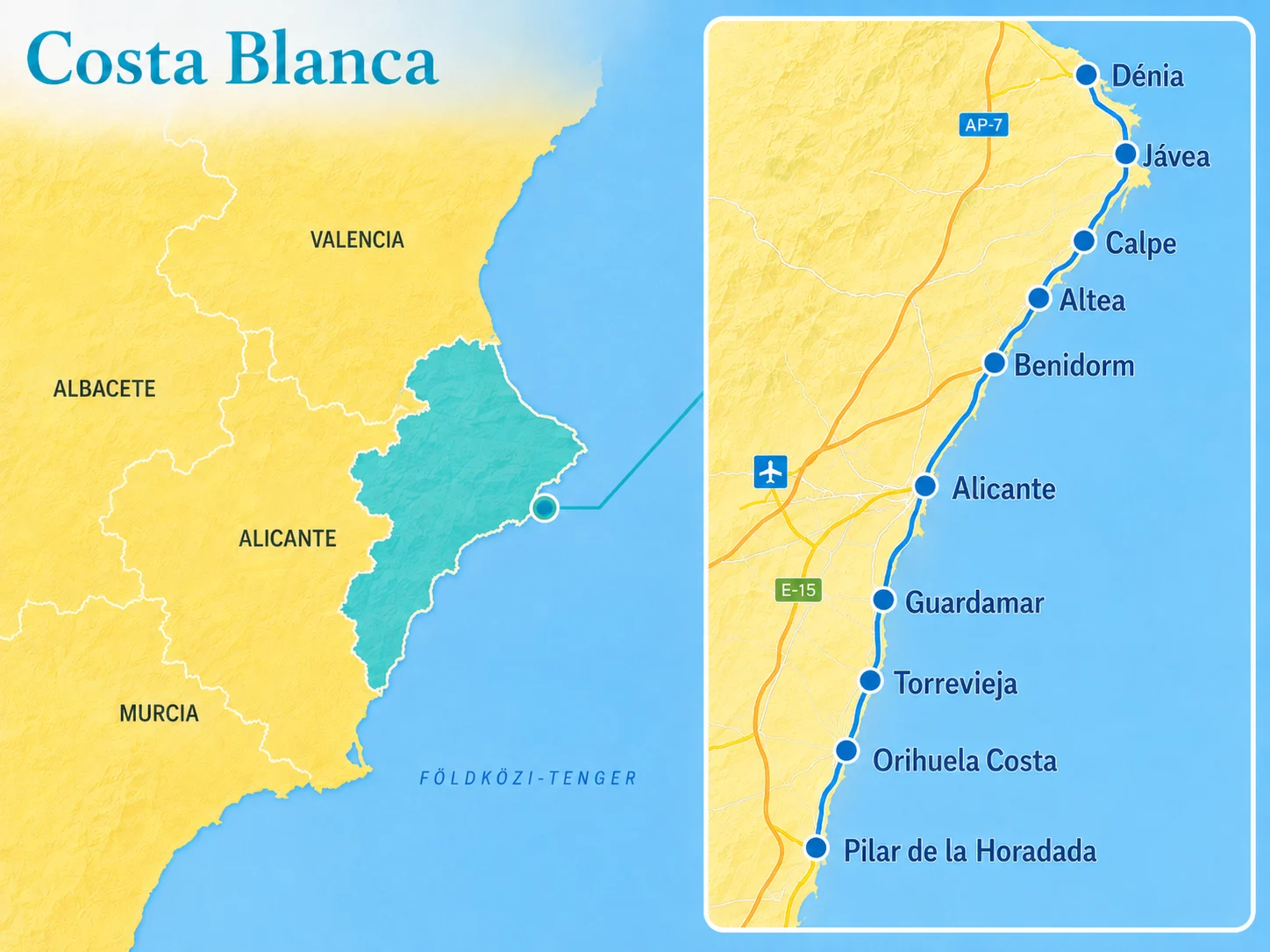 Costa Blanca régió térképe és települései